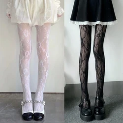 Lace Flower Bottomed Stockings Women Gothic Black White Mesh Hollowed Pantyhose Female Sexy Floral Rattan Fishnet Tights Hosiery