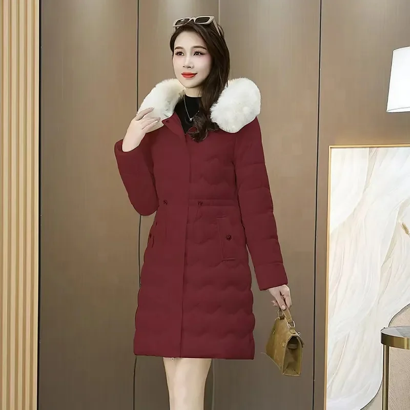 2025年冬 レディース ダウンジャケット ロング スリム 無地 コート 女性用ジャケット アウター パーカー ジップ ファーカラー