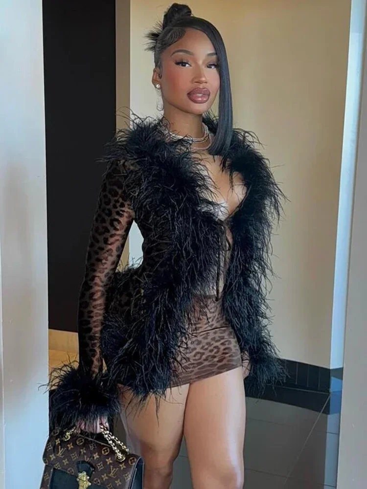 ليوبارد طباعة أطقم فساتين النساء Bodycon مثير فروي المرقعة الدانتيل يصل المحاصيل القمم والشكل الاغراء تنورة 2 قطعة الدعاوى