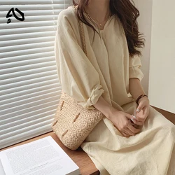 Original 100% Cotton Gauze Maxi Dresses for Ladies Solid Latern Sleeve Round Neck Button Up Home Dress Long Robe Soft Homewear