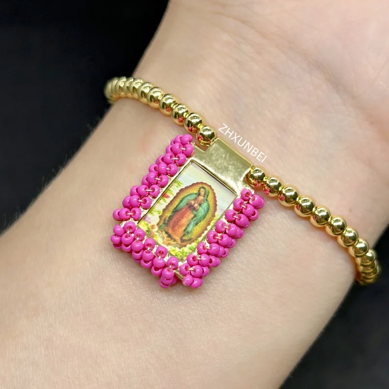 1pc Gold Plated Scapular Medal Bracelet Copper Miyuki Beads Catholic Virgin Mary Guadalupe Pulsera Rope Religious Jewelry Gift