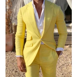 2023 Yellow Linen Beach Men Suits Slim Fit 2 Piece Wedding Groom Tuxedo Peaked Lapel Male Fashion Costume Blazer With Pants