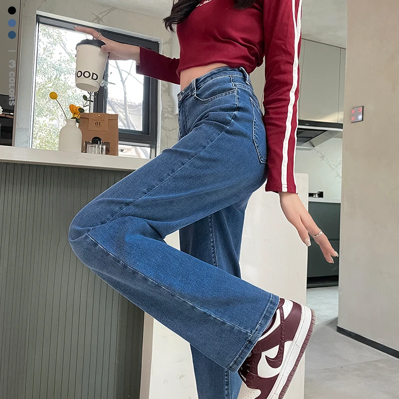 

2024 New Women's Straight Jeans High Waist Slim Retro Blue Stretch Denim Pants Autumn Fashion Korean Female Casual Trousers