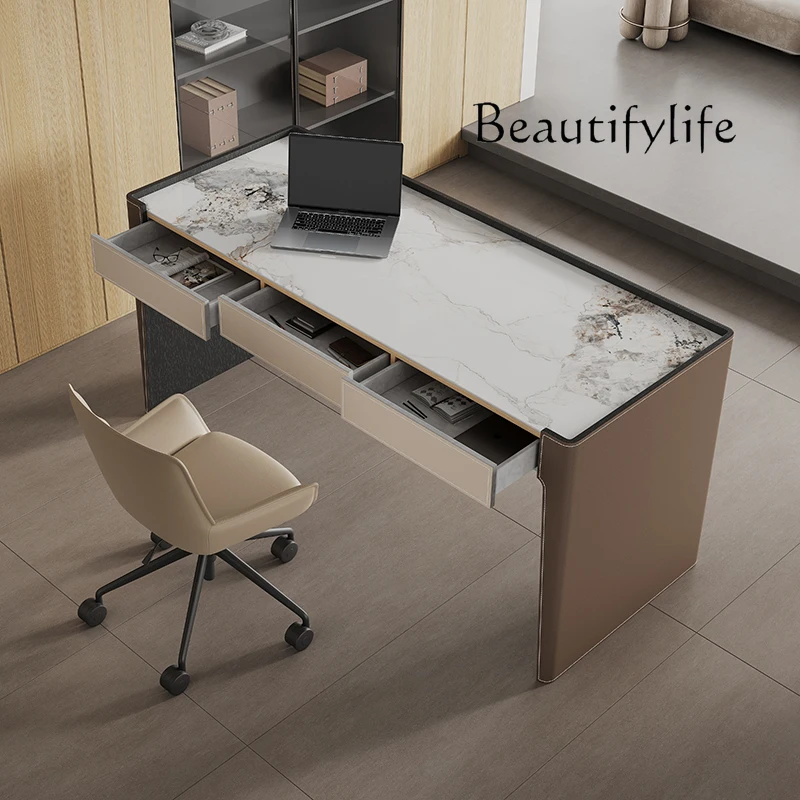 

Italian minimalist saddle leather rock slab desk modern minimalist study table household computer desk