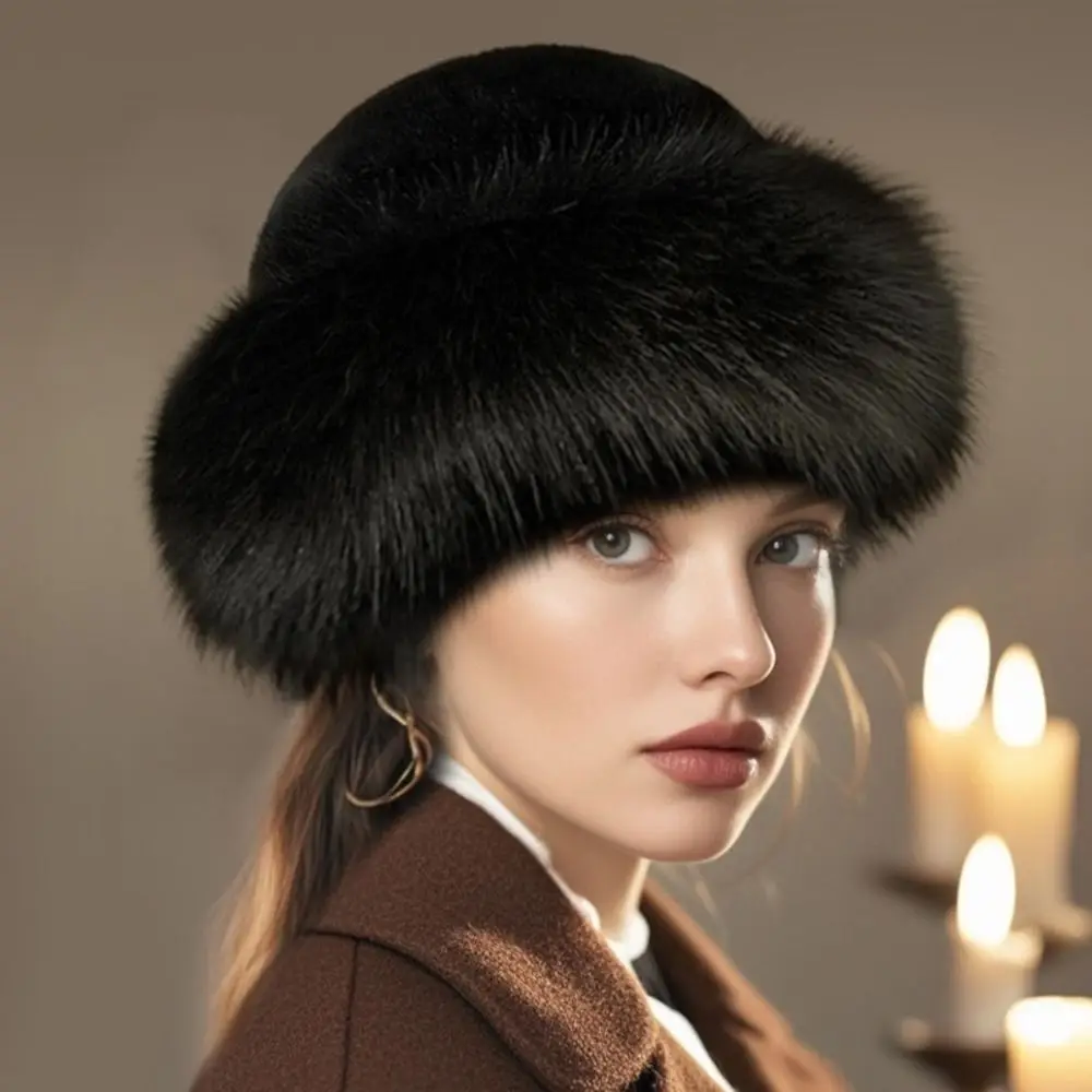 Cold Proof Soft Plush Bucket Hat Faux Fur Thicken Fluffy Fur Bucket Hat Winter Warm Windproof Winter Hat Snowy Day image 4