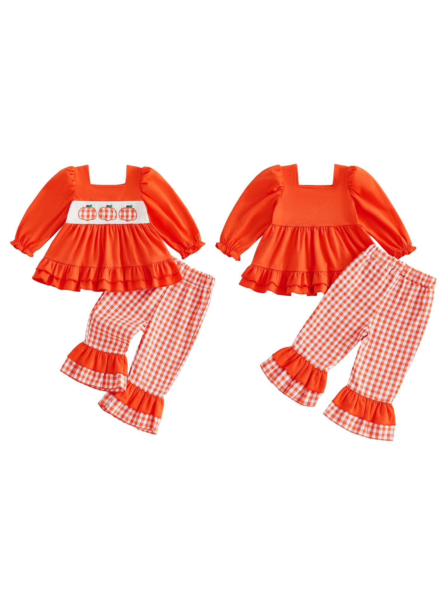 Halloween Outfit With Plaid Embroidery-Tops-With Pumpkin Baby Long Fall Set Girls Premium Toddler Baby Girls
