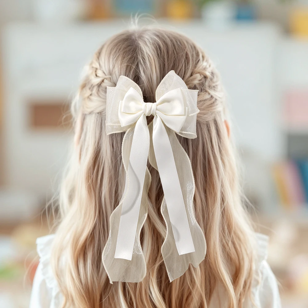 Girls Chiffon Bow Hair Clip Elegant Long Tail Ribbon Hairpins For Children Wedding Prom Daily French Headwear Hair Accessories