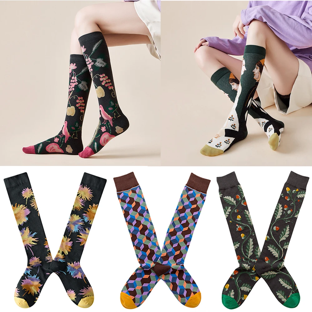 

Socks female mid-thigh calf and knee socks French retro illustration literary abstract street spring and autumn cotton socks