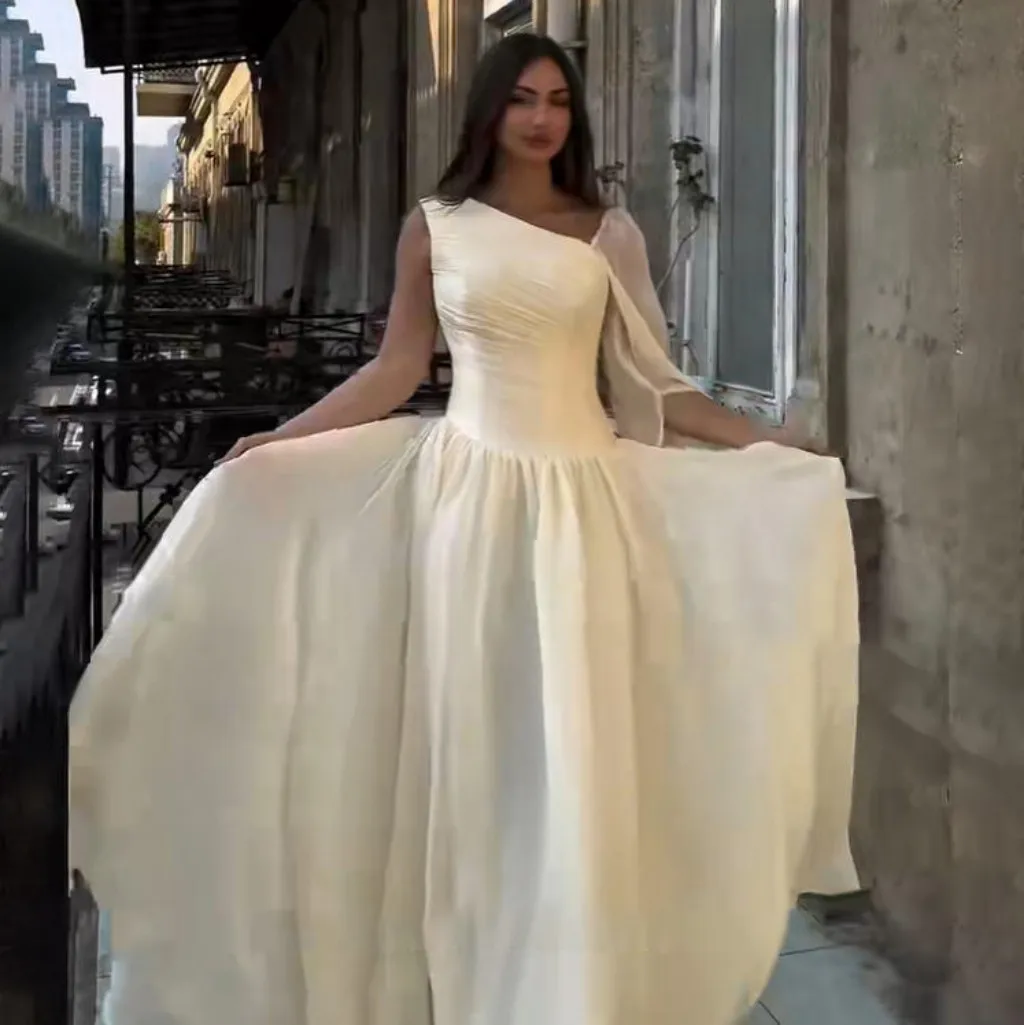 Sevintage 2025 Yellow Silk Chiffon A Line Pleated Maxi Evening Dress One Shoulder Prom Gown Dubai Women Formal Dress Customized