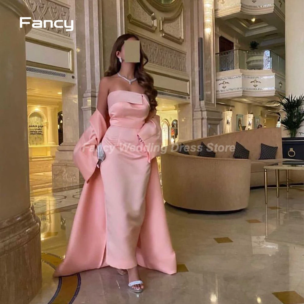 Fancy Elegant Pink Strapless Mermaid Evening Dress Saudi Arabia Ankle Length Sleeveless Prom Gown With Long Shawl Custom Made