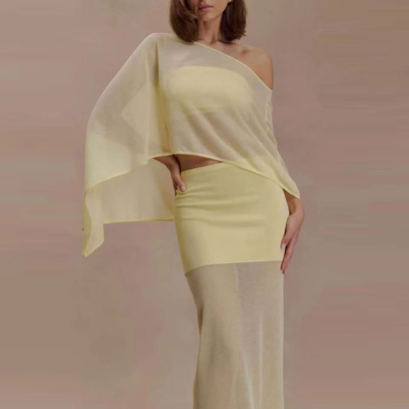

Sexy Slanted Shoulder Top & Long Skirt Outfits Women Casual Cape Sleeve Solid Party Skirt Suit Fashion Perspective Slim 2Pc Sets