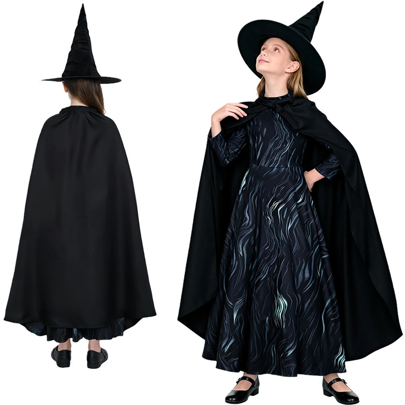 

Elphaba Kids Cosplay Costume Musical Witch Black Dress with Cloak Hat for Girls Halloween Carnival Party Uniform Set