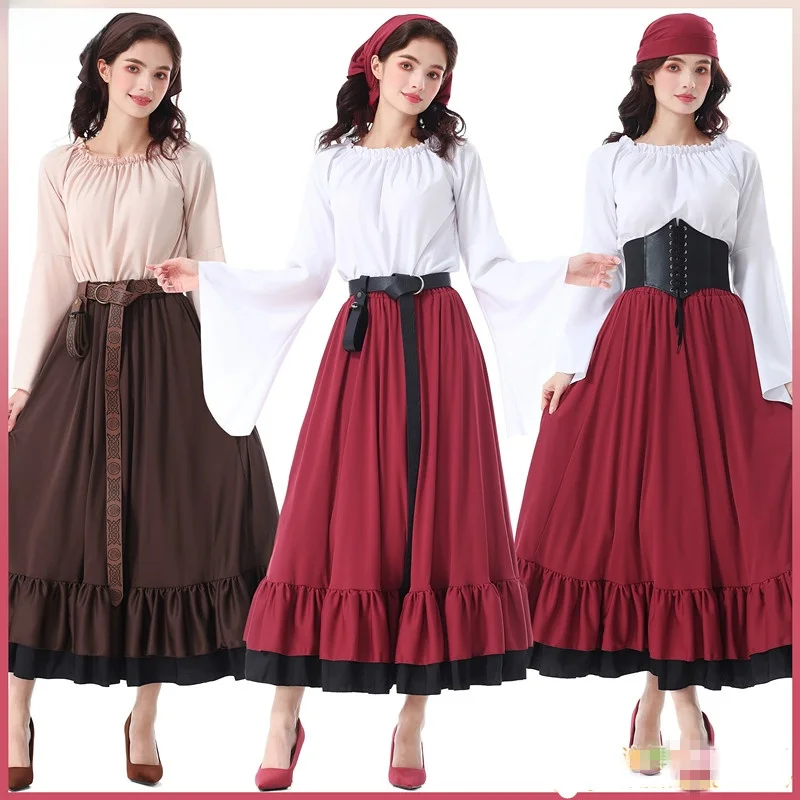 

Halloween Vintage Medieval Pirate Long Skirt with Headscarf Caribbean Pirate Beauty Women's Costume Polyester Fiber 100%