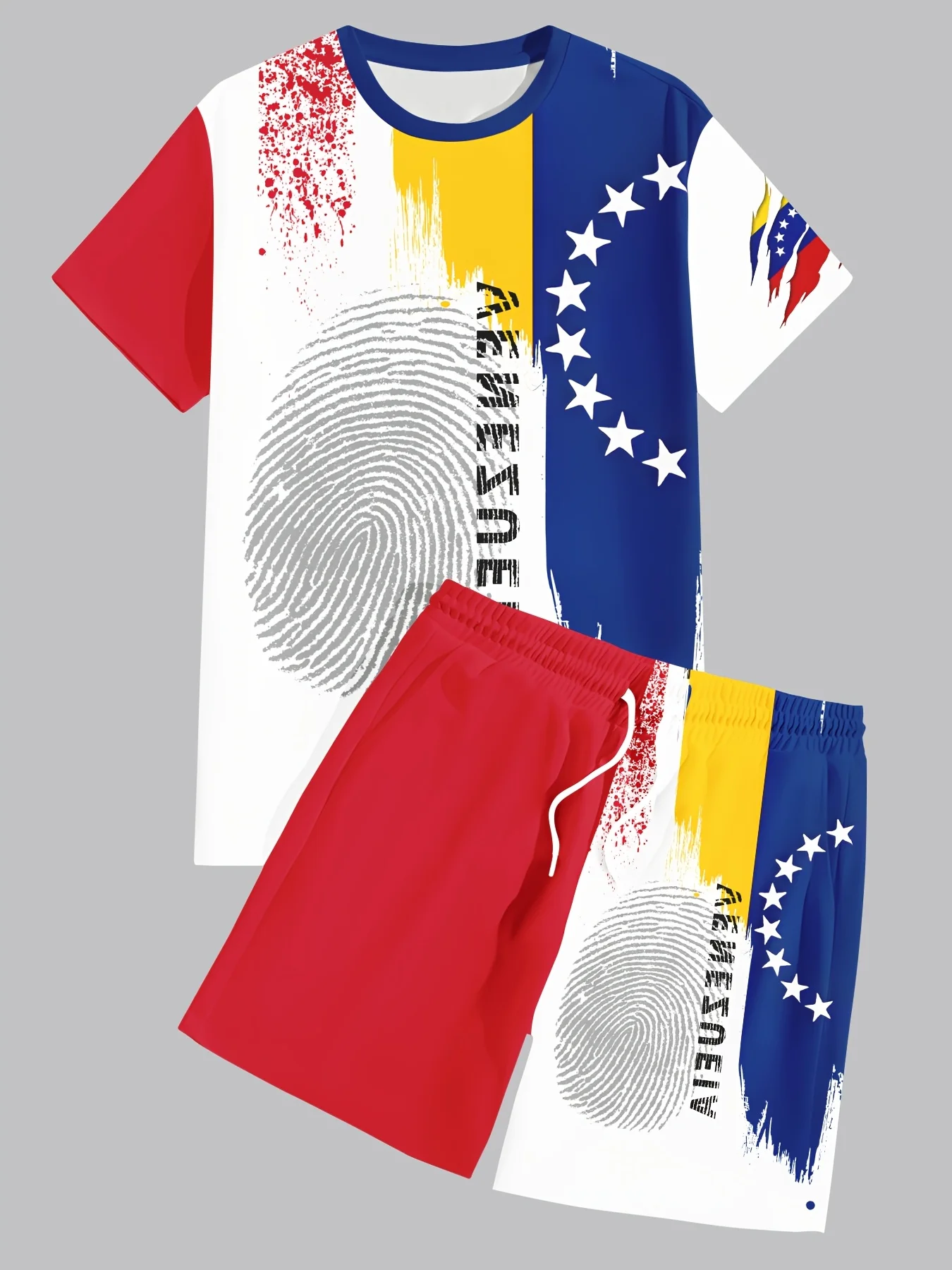 

Trend fingerprint printing daily casual versatile T-shirt shorts set sports breathable quick drying men's T-shirt shorts set