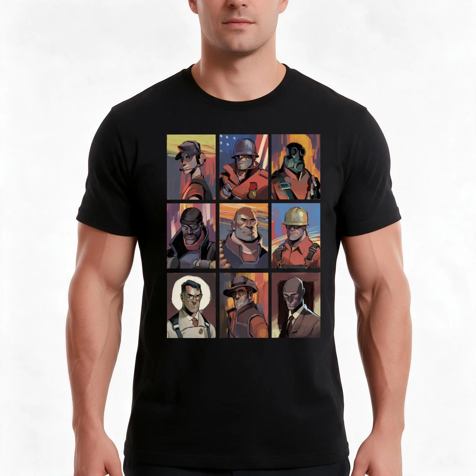 TF2 Mercs portraits in Disco Elysium art style T-Shirt Summer Casual Cotton Tee Oversized Streetwear Tops Unisex Men Women