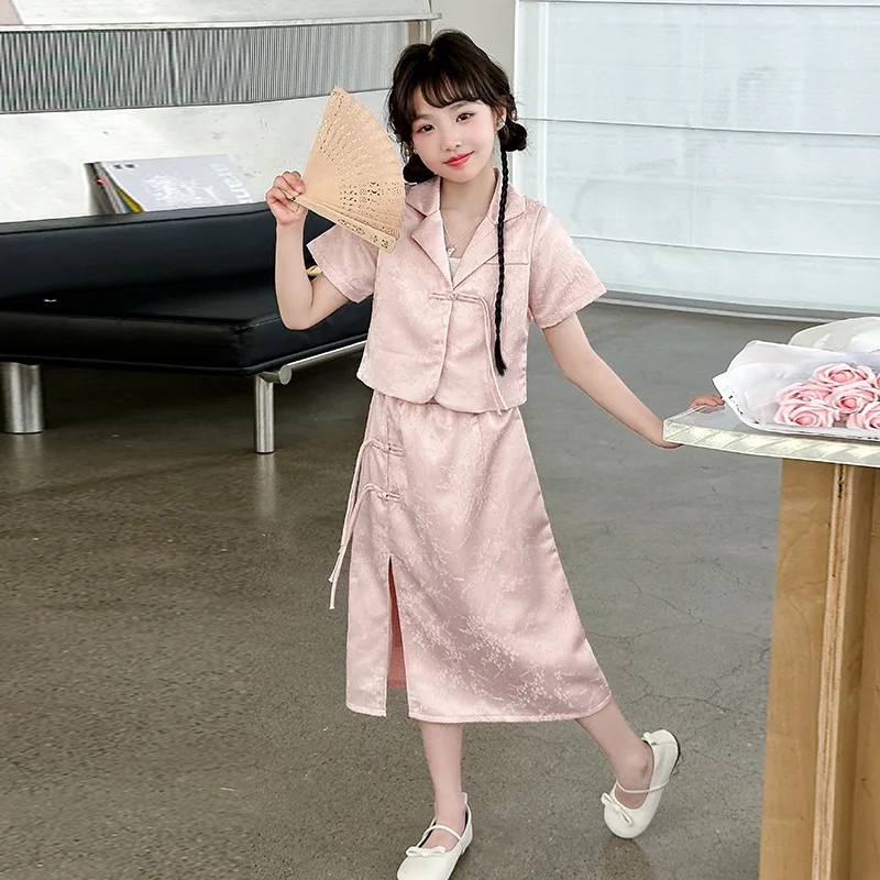 

Girls Suits National Style Set Summer Short Sleeve 2024 New Chinese Skirt Girls and Children Two-piece Set Clothes Simple