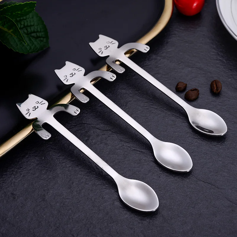 

2pcs Cup-hanging Design Teaspoon 304 Stainless Steel Spoon Cake Stirring Sugar Soup Dessert Creative Cat Shaped Coffee Spoon Set