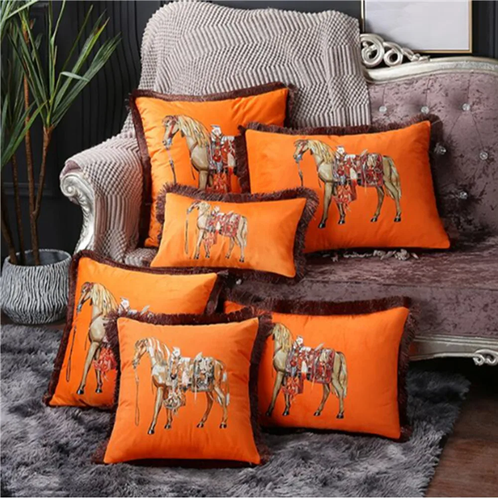 Orange European American Luxury Printed Cushion Cover Horse Pattern Velvet Pillowcase Lumbar Pillow Cover Tassel Edge Throw