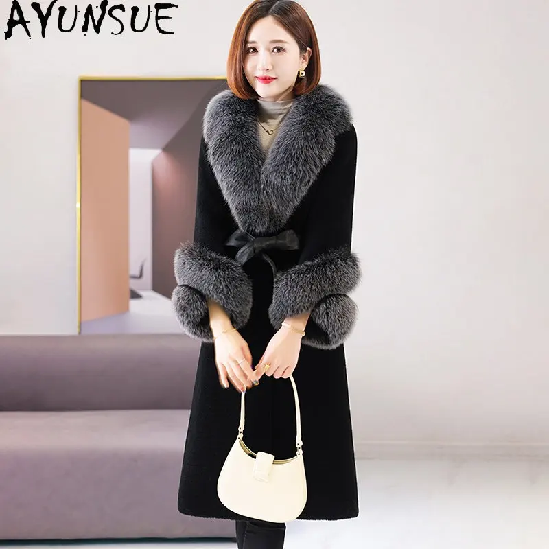 

AYUNSUE 100% Wool Jacket Fur Coat Women Winter 2022 Elegant Sheep Shearing Jackets Fox Fur Collar Wool Coats Manteau Femme Hiver