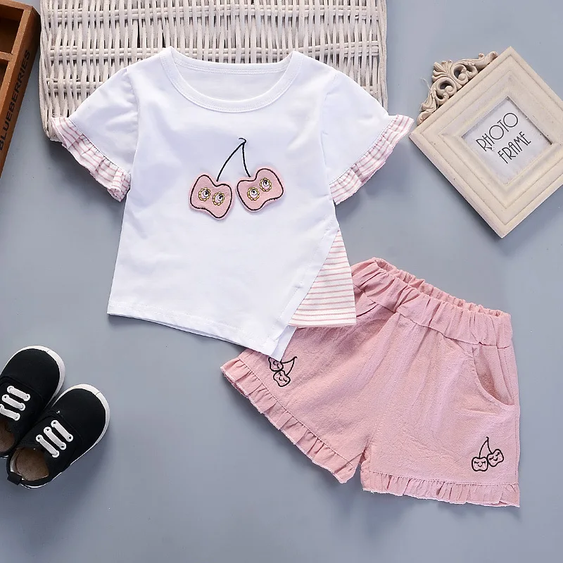 1-4T Girl Clothes Summer Short Sleeve Cartoon Ice Cream Print T-shirt Pant 2PCS Baby Set Children Outfit Kid Tracksuit A486