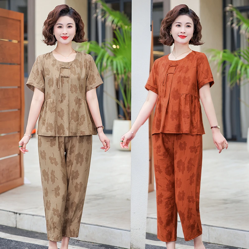 ผู้หญิงเสื้อ + กางเกงชุดพิมพ์เสื้อผ้าผู้หญิงฤดูร้อนยายวัยกลางคนเครื่องแต่งกาย 2 ชิ้นชุด