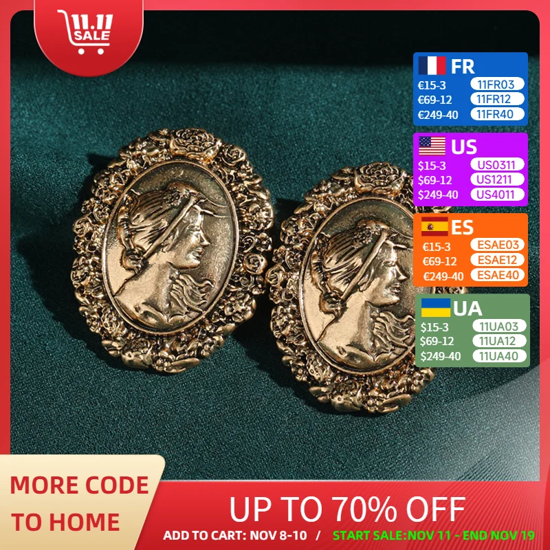 

Vintage Antique Gold Color Coin Stud Earrings Old Money Head Round Quality Luxury Designer Retro For Woman Accessories Party