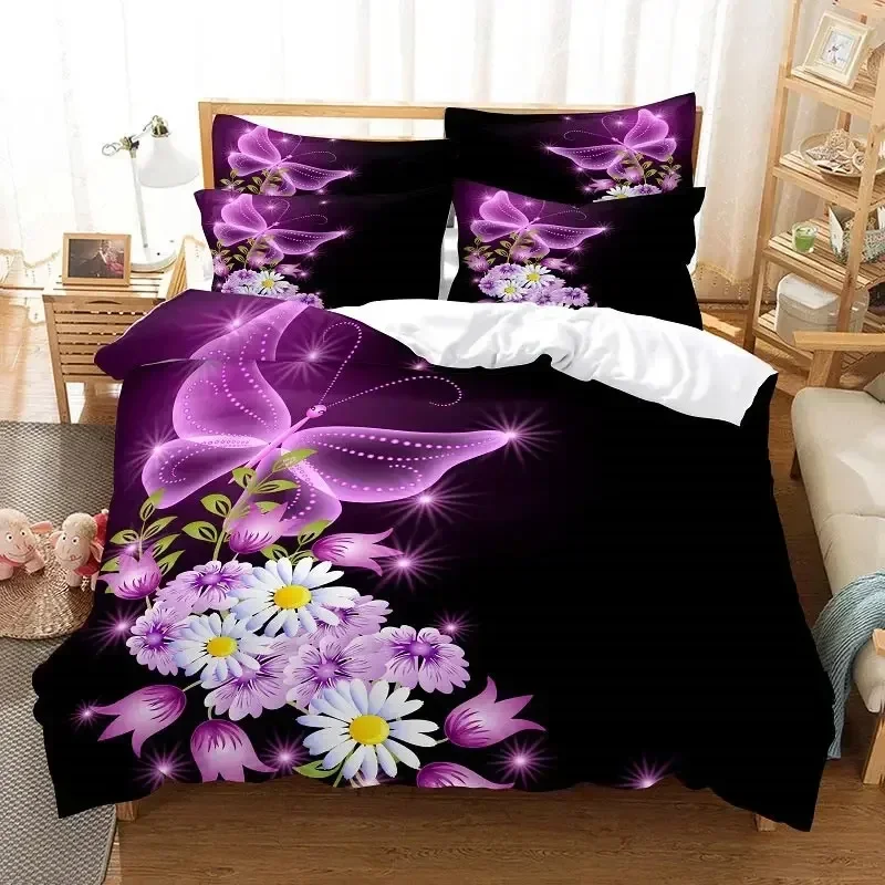 

Purple Bedding Set Violets Dog Duvet Cover Quilt Cover 3D Lavender Butterfly Double For Full King Queen Twin Single size