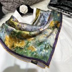 BYSIFA|Blue Green Ladies 100% Silk Scarf Fall Winter Oil Painting Floral Style Large Scarves Shawls Fashion Summer Beach Cape