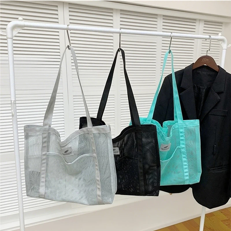 Nuevo bolso de compras de malla transparente, bolso de playa Simple de gran capacidad, bolso grande de hombro, bolso de natación para Fitness y lavado