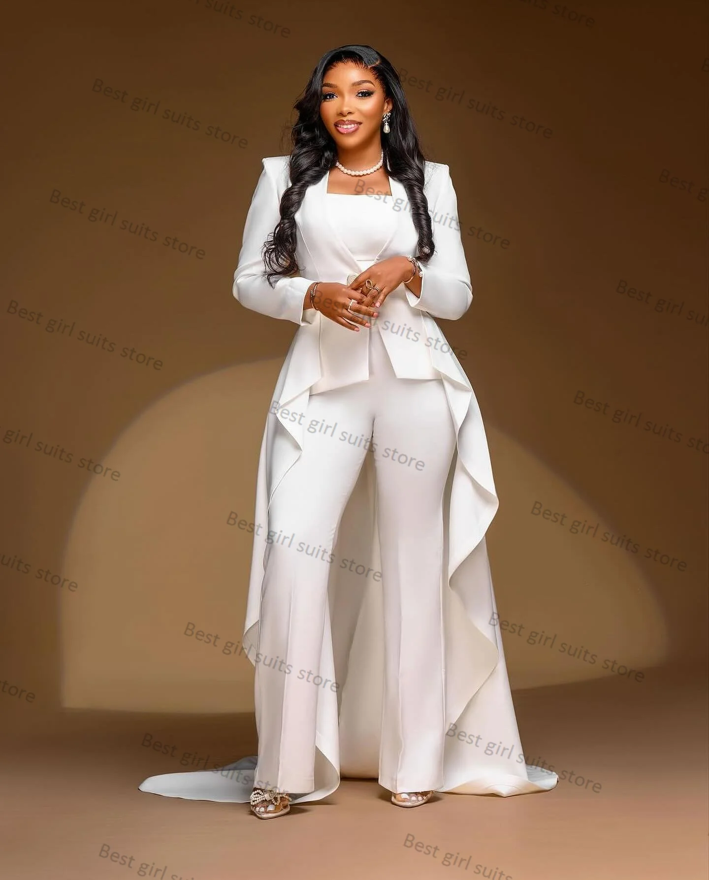 

Elegant White Women Suit Pants Set 2 Piece Jacket With Train+Trouser Formal Office Lady Blazer Guest Tuxedo Tailored Prom Dress