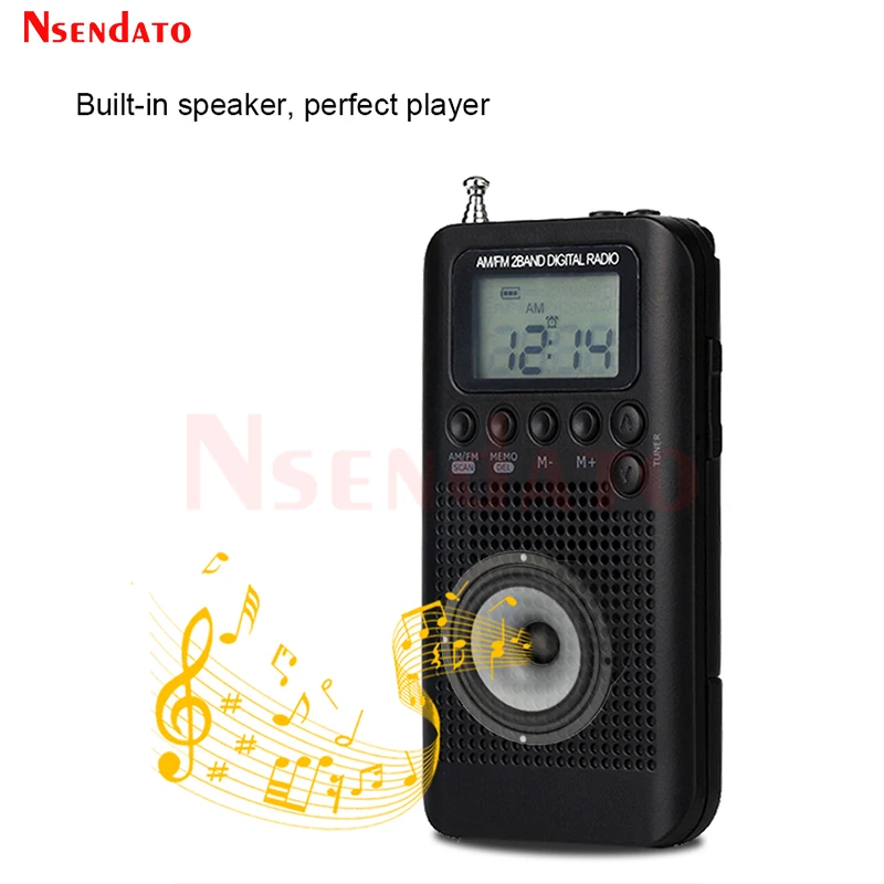 HRD 104 포켓 AM FM 미니 디지털 스테레오 라디오, LCD 디스플레이, 라우드스피커, 휴대용 2밴드 충전식 MP3 음악 라디오 플레이어