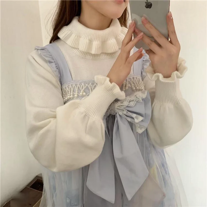 Ruched Turtleneck Pullovers Women Casual Sweet Cute Students Preppy Japanese Style Solid Sweaters Long Sleeve Pull Femme  Autumn