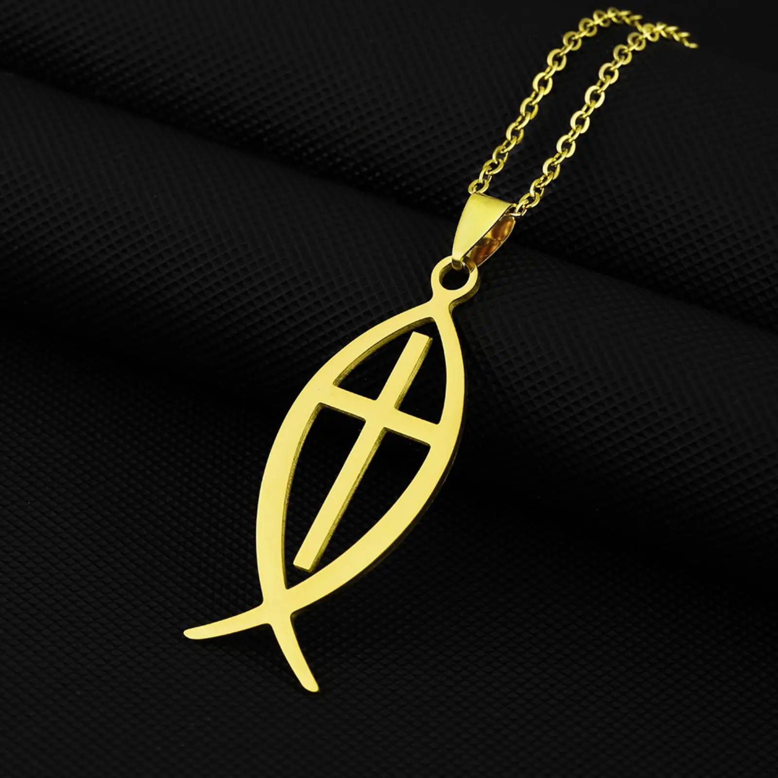 Ichthys Fisch-Kreuz-Halskette, Jesus-Fisch-Symbol-Anhänger, Edelstahlschmuck, Geschenk für Männer und Frauen – Detail 3
