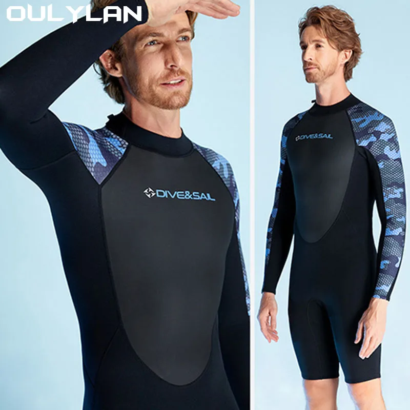 Oulylan Wetsuit 2MM Neoprene Shorty Men Front Zip Long Sleeves Diving Suit for Underwater Snorkeling Swimming Surfing Wet Suits