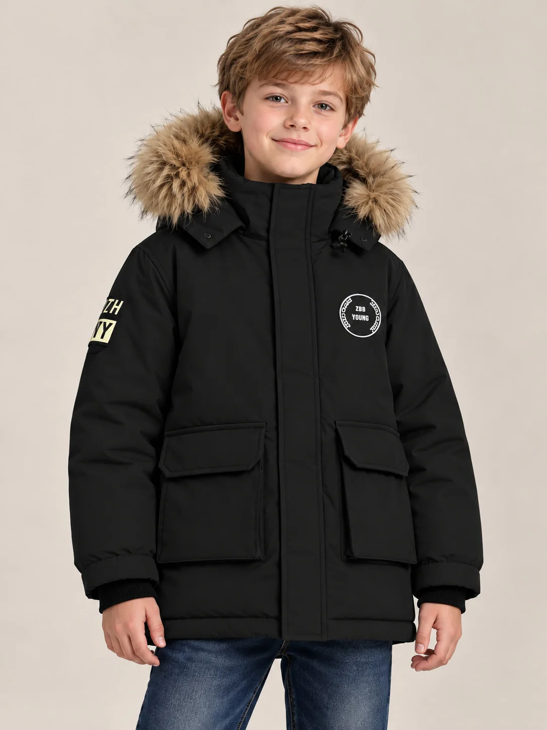 Children Big Fur Hood Winter Cotton Parka Boys Girls Thick Warm Casual Jacket Kids Outdoor Outerwear Christmas Gift 5-12Y