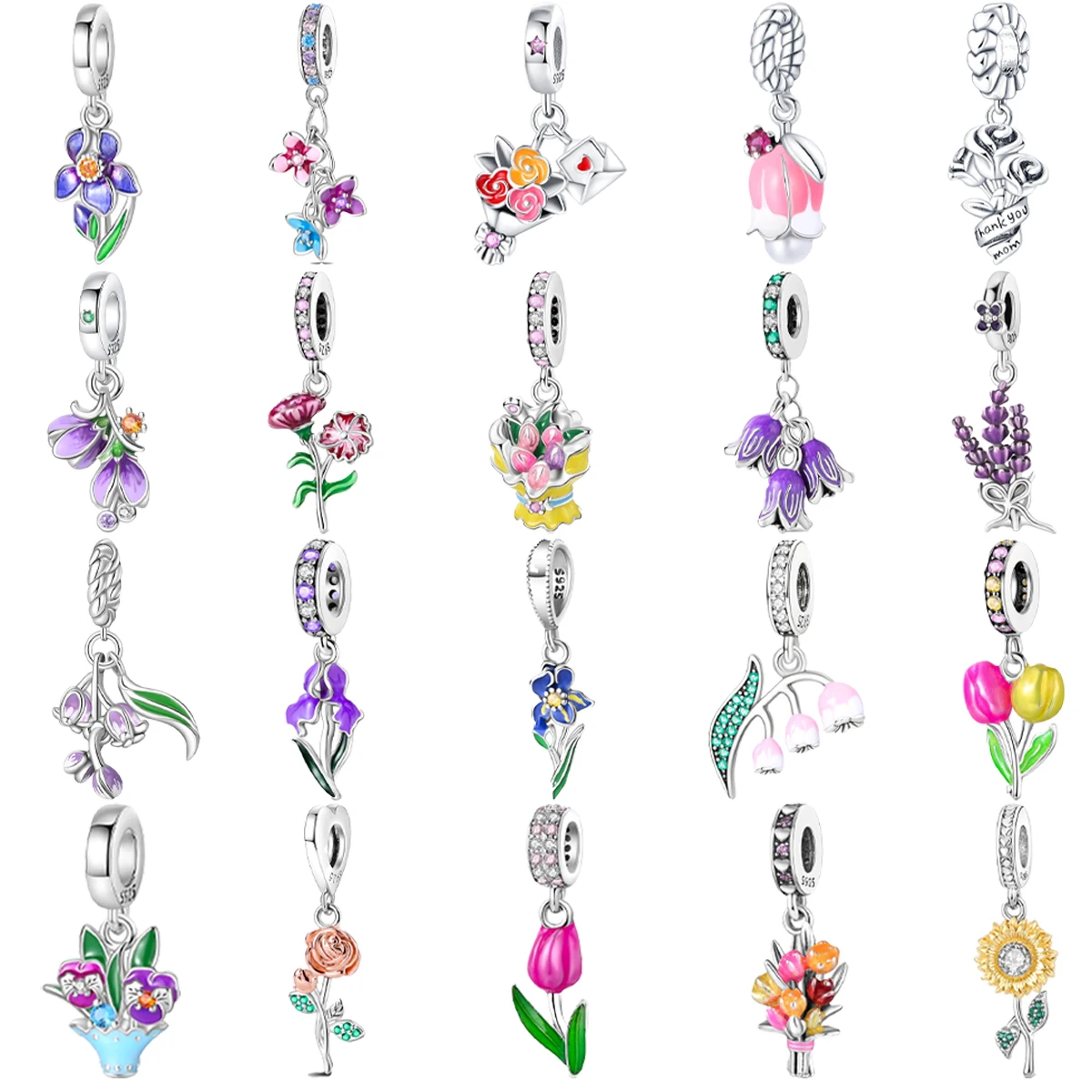 

Original 925 Charms Sterling Silver Sunflower Tulip Lavender Suzuran Rose Pendant for Pandora DIY Bracelet Ladies Jewelry Gift