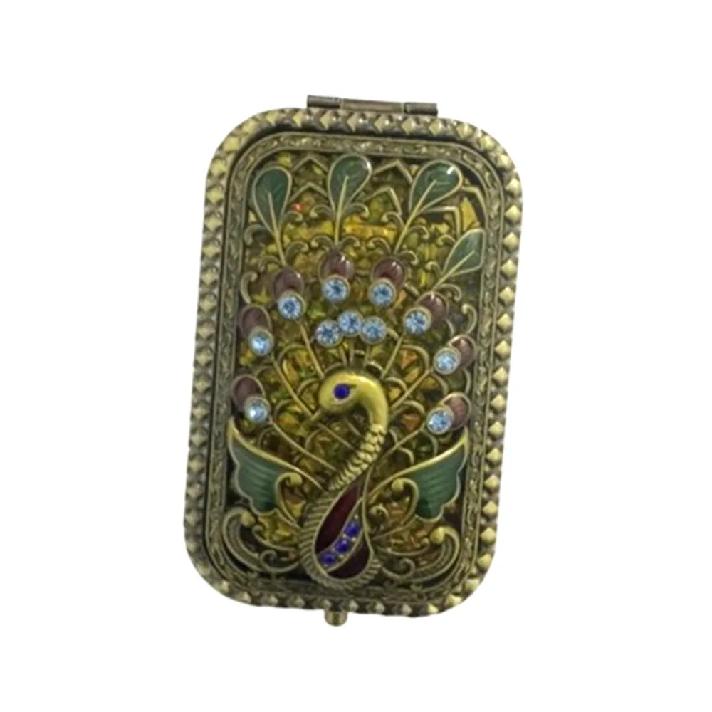 Espelho de vaidade espelho de maquiagem vintage quadrado pavão compacto espelho de bolso oco-para fora strass cosméticos dobrável espelho beleza