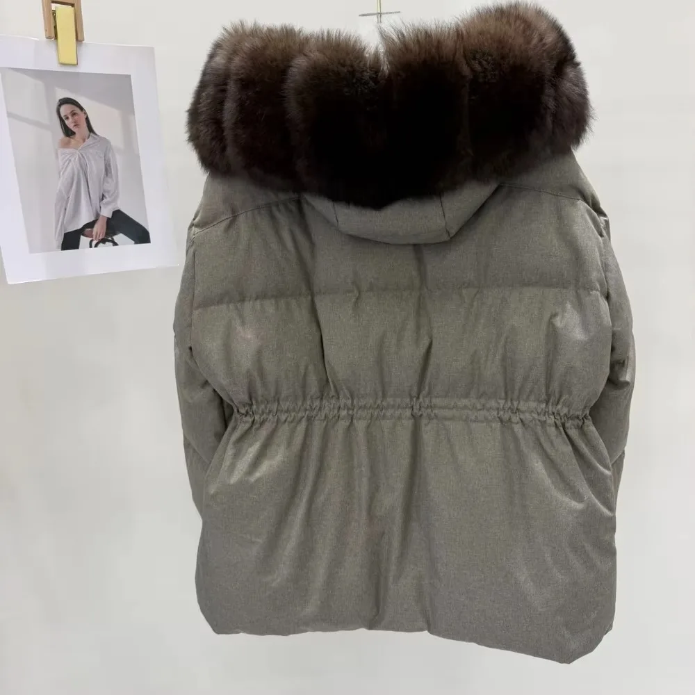OFTBUY 90% White Duck Down Real Fox Fur Puffer Coat Drawstring Waist Winter Outerwear For Cold Weather Women Short Down Parka