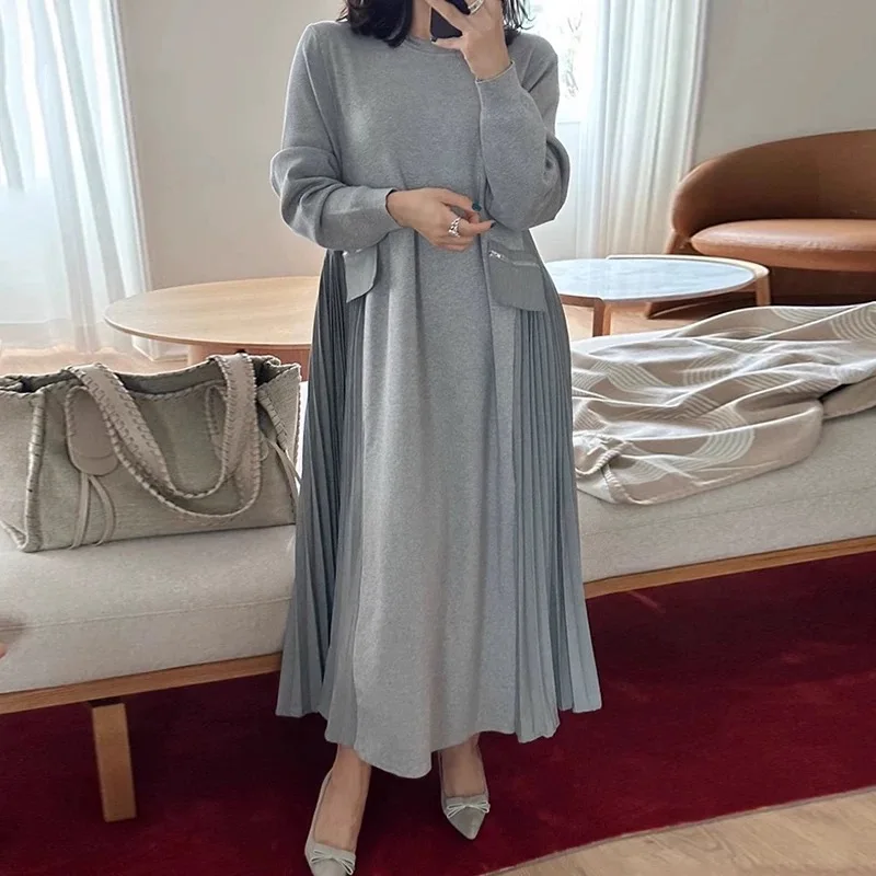 Clothland Women Elegant Pleated Sweatshirt Dress Long Sleeve O Neck Pocket One Piece Female Retro Midi Dresses Mujer QD846