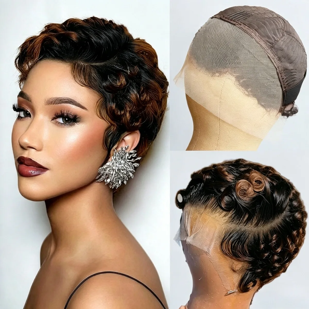 13x4 Lace Front Curly Pixie Cut Human Hair Wig, Warm Tone Ombre Brown Glueless Wig 180% Density Soft Natural Look for Black Wome
