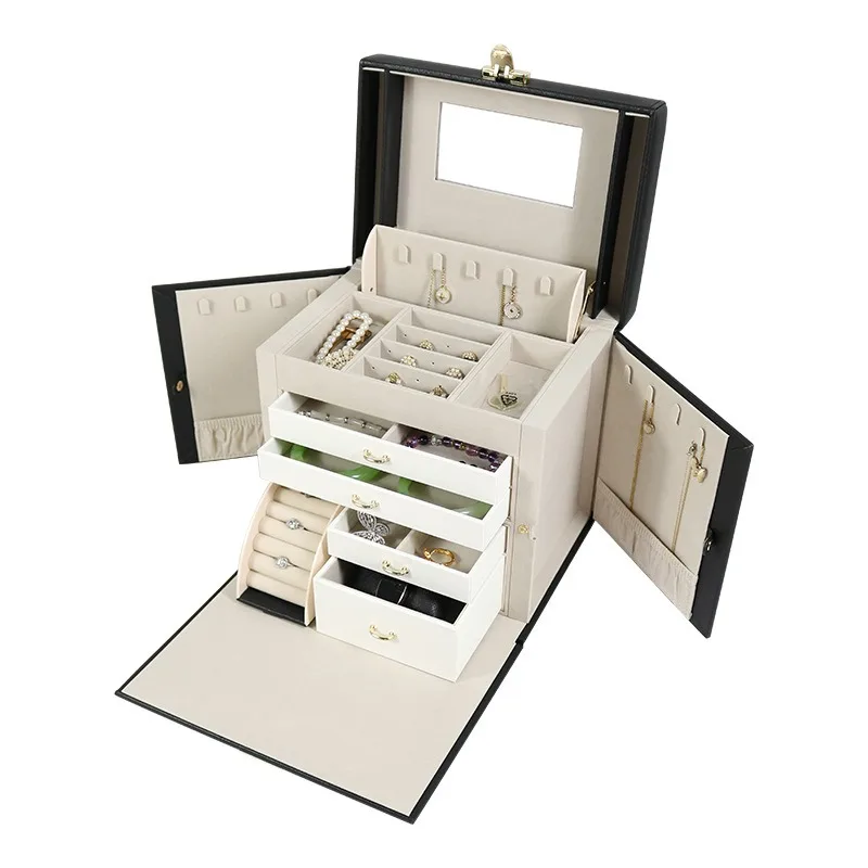 

Leather Jewelry Box Luxury Mirror Ring Storage Boxes Wedding Necklaces Bracelet Display Case Organizer Packaging Jewellery Gift