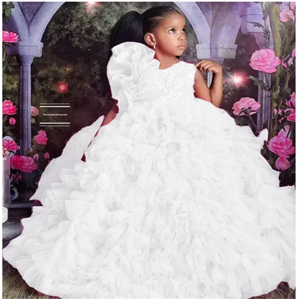 Customized Luxury Flower Girl Dresses for Wedding Ruffles Sequins Floor Length Tiered Girl Birthday Party First Communion Gowns
