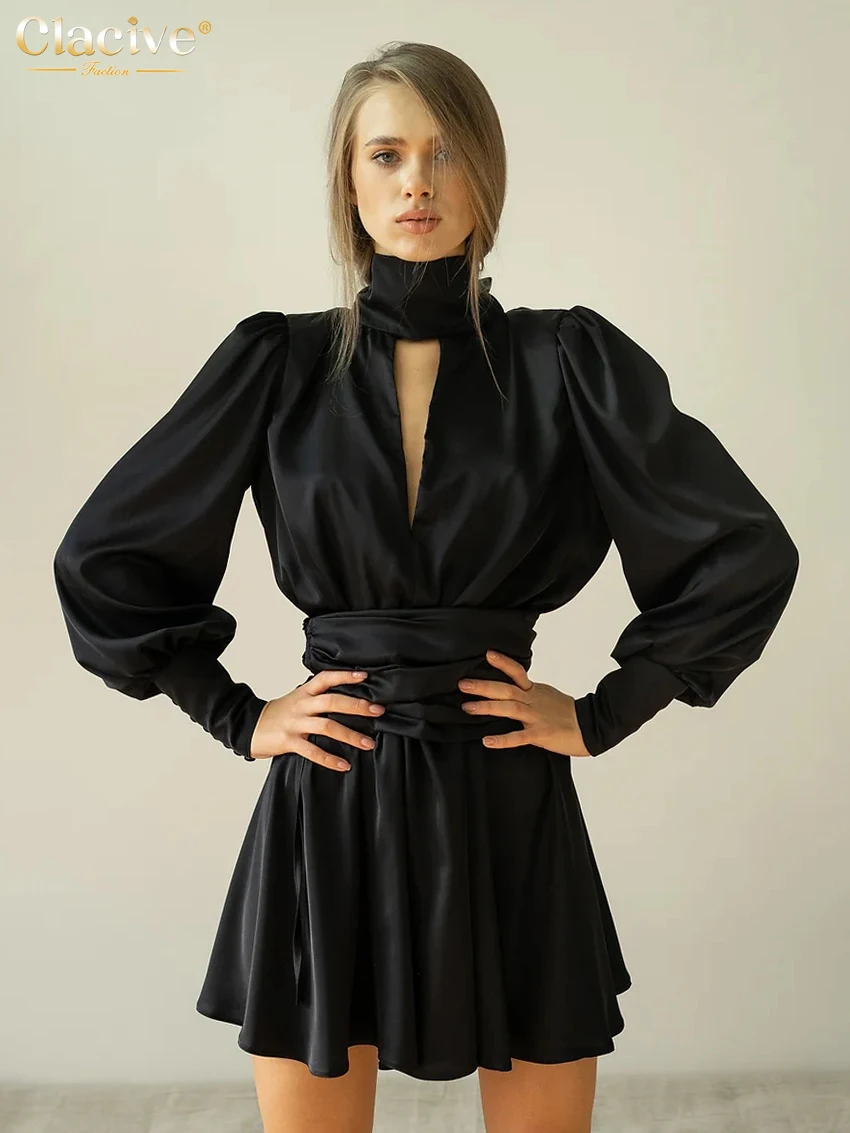 

Clacive Fashion Loose Black Satin Women's Dress Elegant Turtleneck Long Sleeve Mini Dresses Streetwear Hollow Out Female Dress