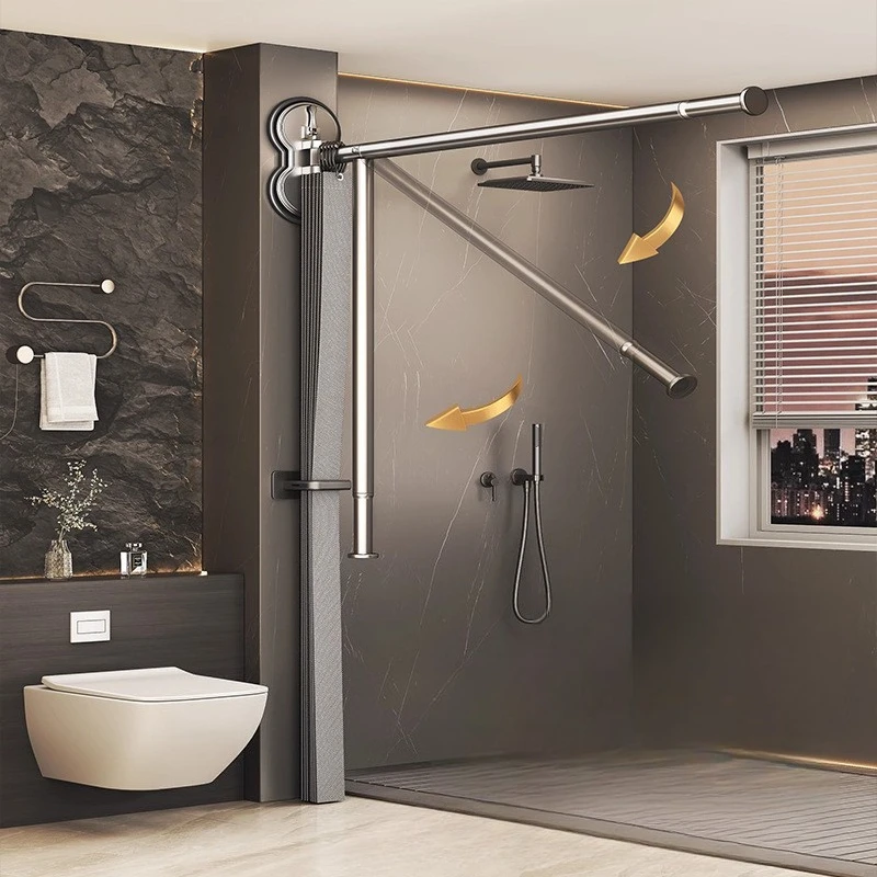 Folding Shower Curtain Suction Cup Bath Curtains and Rod Invisible Dry and Wet Separation Mildew Proof Bathroom Products Home