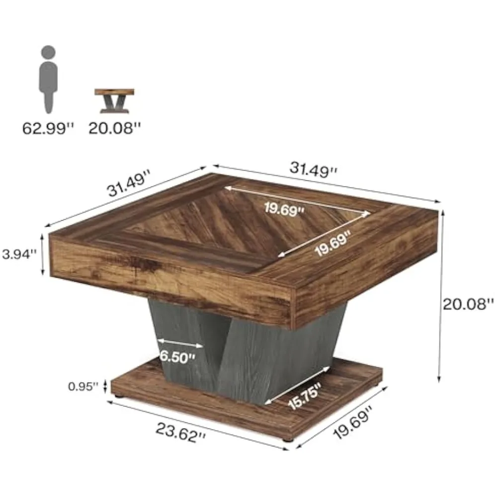 Square Coffee Table, Wood Coffee Table for Living Room, 31.5" Modern Center Table Cocktail Tea Table Accent Table, Rustic Brown