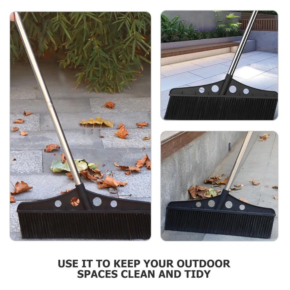Heavy Duty Wide Detachable Broom Outdoor Garden Courtyard Garage Patio Deck Pool Sweeping Stainless Steel Nylon Black Brush
