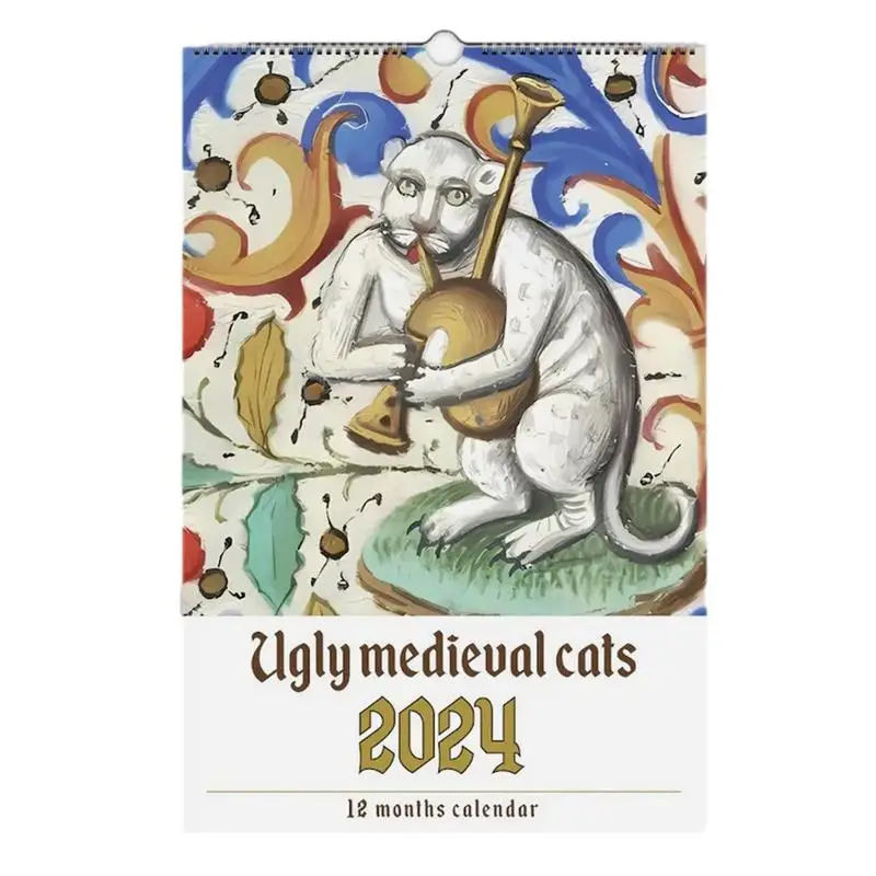 Calendario de gatos medievales feo, planificador mensual divertido de pared, colgante de pared, regalos únicos para amantes de los gatos, 2024