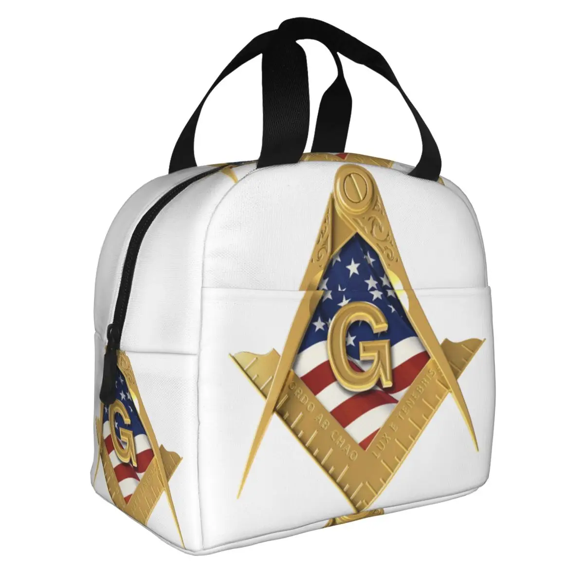 American USA Flag Square And Compass Masonic Freemason Thermal Insulated Lunch Bags Resuable Lunch Tote Multifunction Food Box