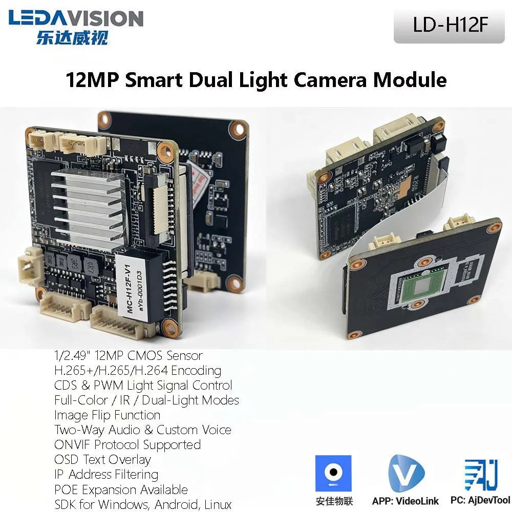 H12F 12MP Dual Light IP Camera Module SSC338G+OS12D CMOS H.265+ POE ONVIF Audio Talk SDK For CCTV Security Camera