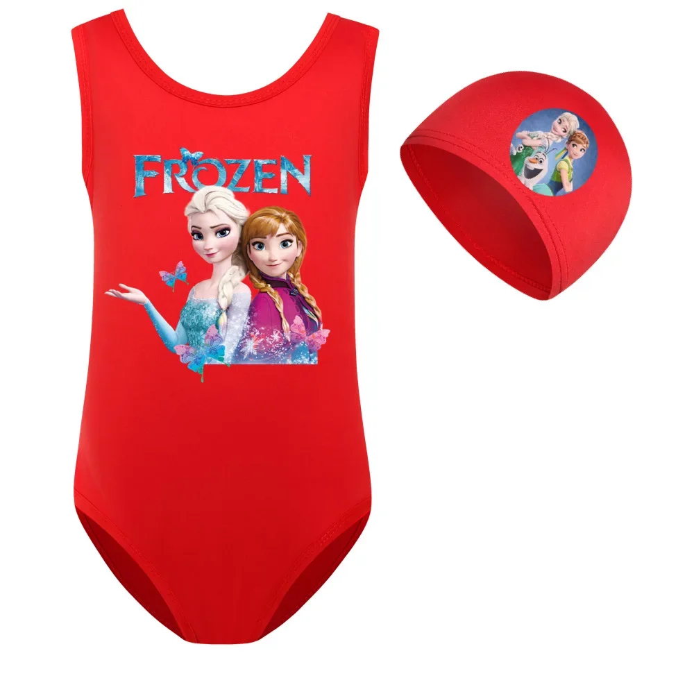 Girls One Piece Swimsuit Swimwear Bathing Suit Cartoon Frozen Anna Elsa Kid Sport Swimsuit Swimming Cap 2 Pcs/Set Baby Beachwear